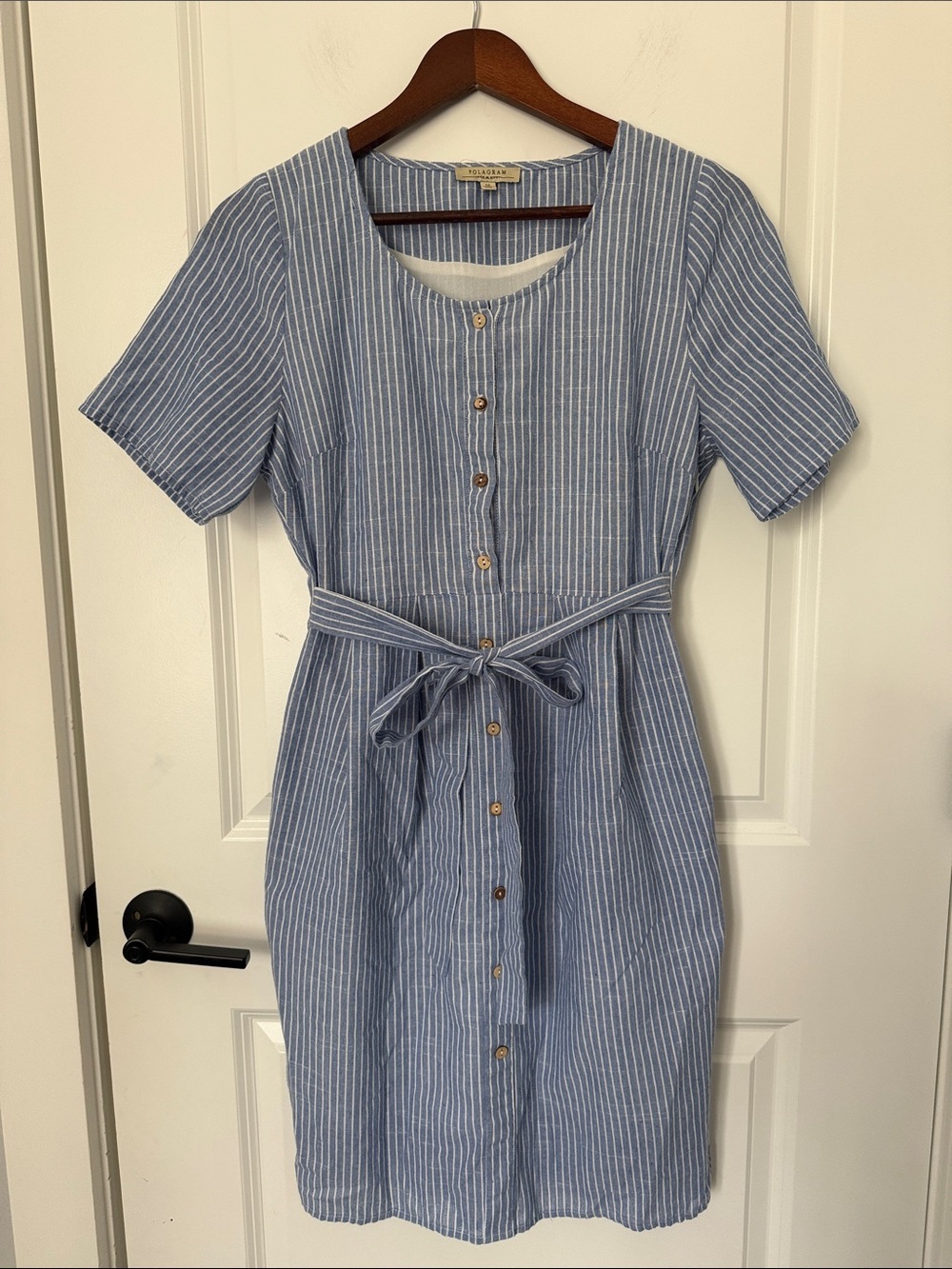 Polagram Dress Blue & White Striped Cotton Buttons Tie Size Medium